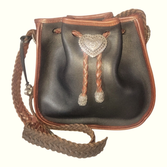 Brighton Vintage Outwest Black and Brown Leather Drawstring Bucket Bag - Picture 8 of 10